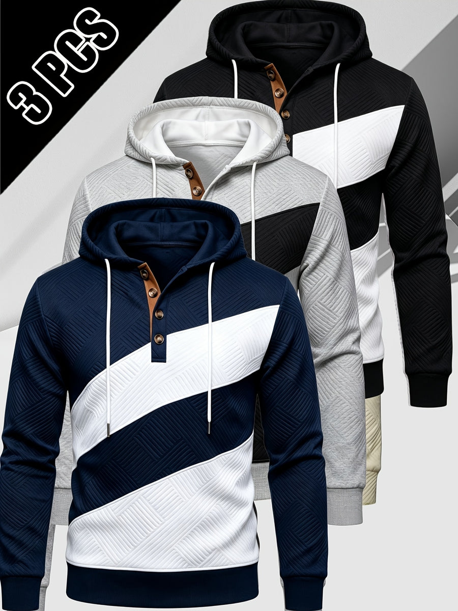 3pcs Value Pc - Heavyweight Fabric, Spring/Autumn Long Sleeve Shirt - Suitable for Street Style, the Perfect Gift Choice - Navy Blue + Gray + Black
