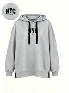 Women' S Fashion Hooded Sweatshirt for Autumn and Winter- Pattern Print Design, Side Slit Design, Hooded Sweatshirt - Light Grey