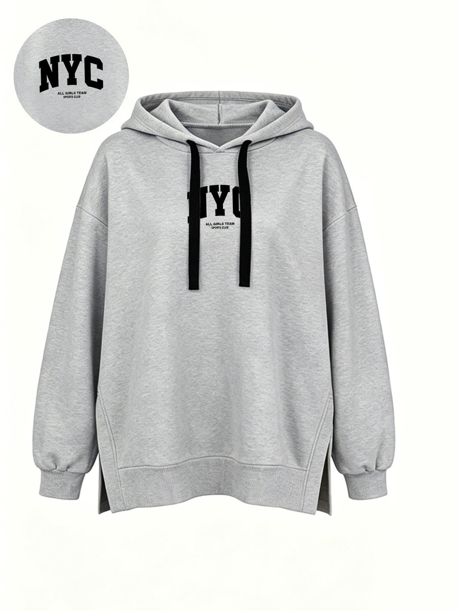 Women' S Fashion Hooded Sweatshirt for Autumn and Winter- Pattern Print Design, Side Slit Design, Hooded Sweatshirt - Light Grey