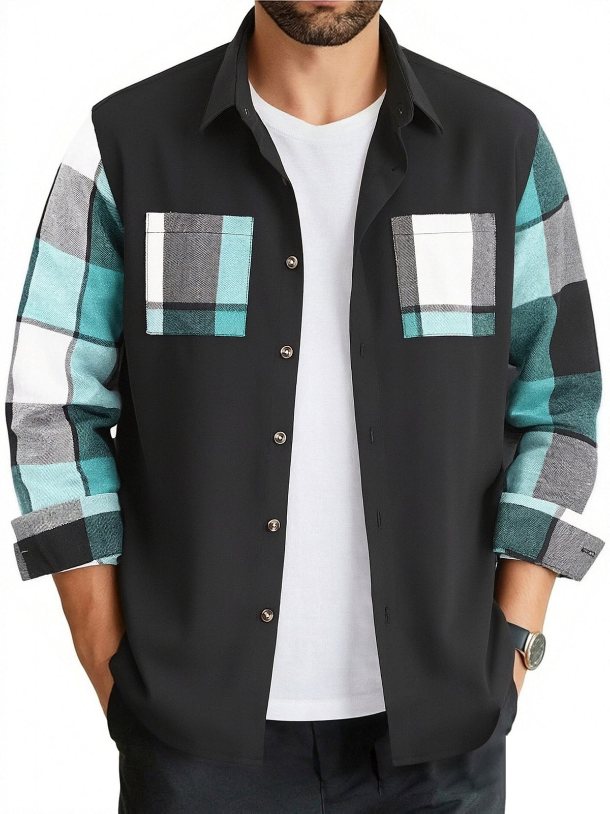 Men'S Spring And Autumn Black Casual Button-Up Shirt, Checkered Splicing Sleeves with 2 Pockets, Flannel Splicing Color-Contrasting Long Sleeve Top, Breathable Lightweight Autumn Coat S-XXXL, Halloween Gift for Boyfriend Father - Blue And Black Plaid