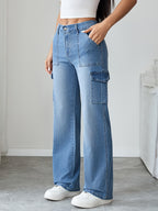 Women'S High-Waist Cargo Trousers Street Style Multi-Pocket Straight Leg Long Pants Y2K Retro Distressed Casual Wide-Leg Jeans - Medium Blue