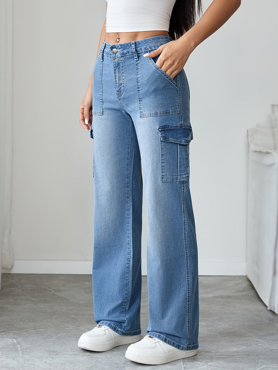 Women'S High-Waist Cargo Trousers Street Style Multi-Pocket Straight Leg Long Pants Y2K Retro Distressed Casual Wide-Leg Jeans - Medium Blue