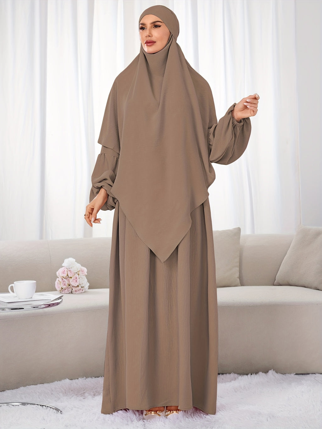 A Set (+Abaya) Fashionable And Elegant Muslim Dress, Elegant Cuff Drawstring, Comfortable And Casual Solid Color, Suitable for Outdoor Travel And Daily Wear. Loose Women'S Abaya Dress - Khaki
