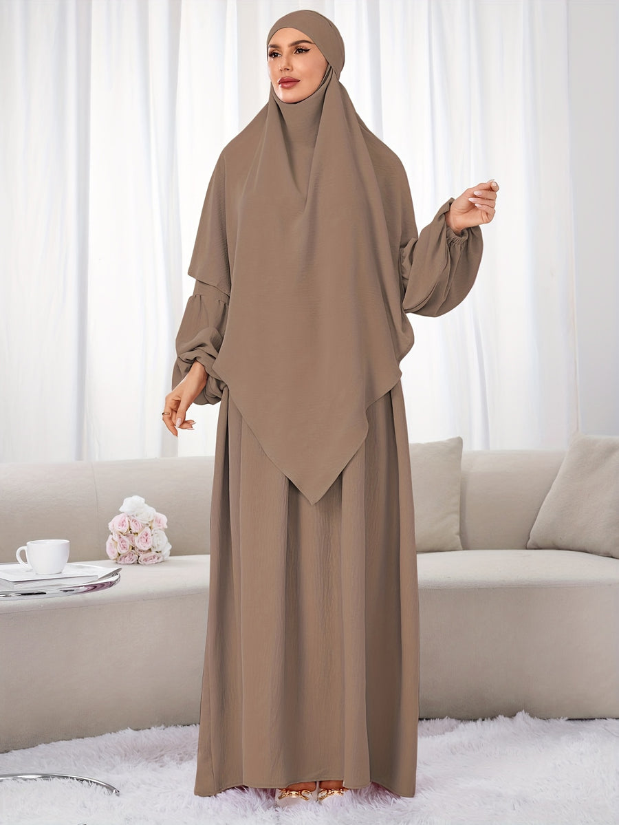 A Set (+Abaya) Fashionable And Elegant Muslim Dress, Elegant Cuff Drawstring, Comfortable And Casual Solid Color, Suitable for Outdoor Travel And Daily Wear. Loose Women'S Abaya Dress - Khaki