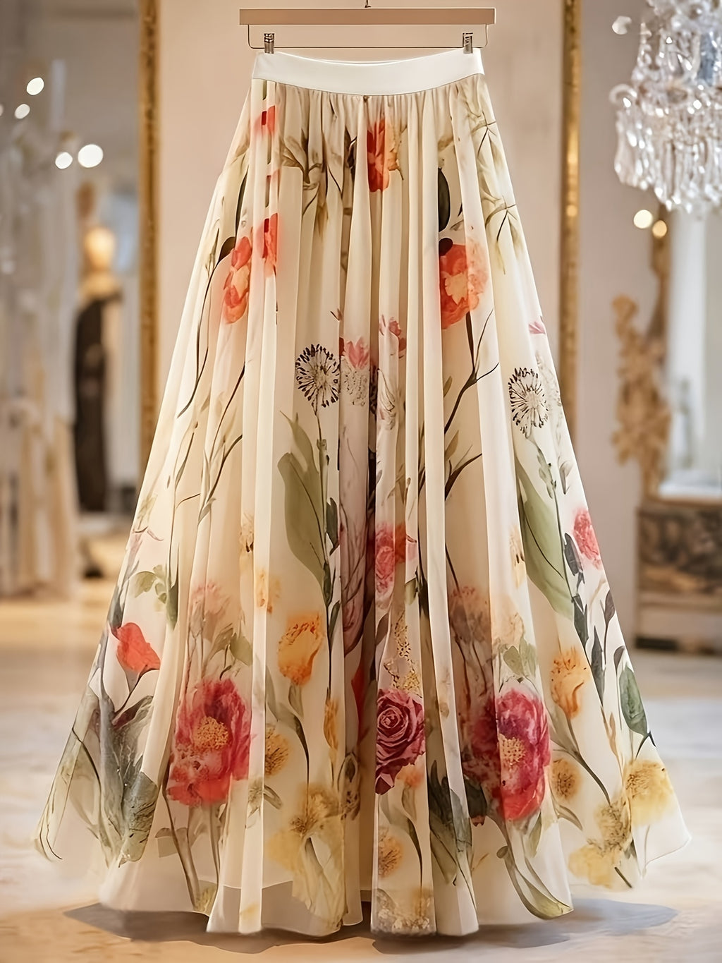 Spring And Summer Women'S Elegant Printed Mid-Length A-Line Skirt with Layered Tulle Skirt Elegant Women'S Skirt Daily Wear Outing Travel Can Be Worn in All Four Seasons Suitable for Casual And Formal Attire - Red Flower