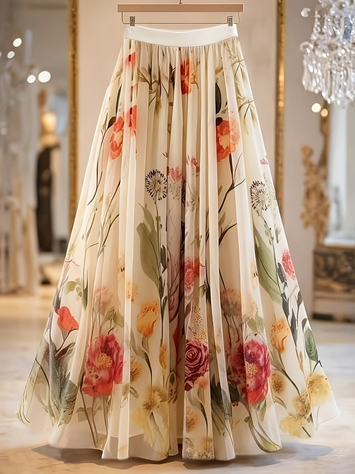 Spring And Summer Women'S Elegant Printed Mid-Length A-Line Skirt with Layered Tulle Skirt Elegant Women'S Skirt Daily Wear Outing Travel Can Be Worn in All Four Seasons Suitable for Casual And Formal Attire - Red Flower