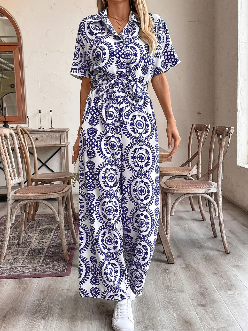 Elegant Special Edition Spring/Summer Fashion Design Ethnic Vintage Style Printed Long Jumpsuit Romper - Blue