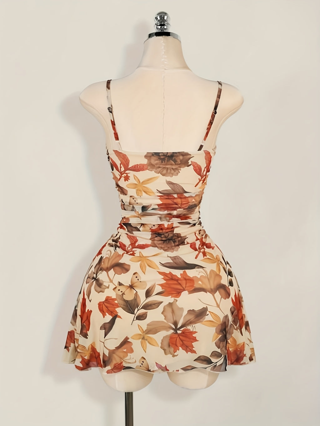 Women'S New Floral Print Ruched Decor A-Line Umbrella Skirt Cami Dress, Fashionable Elegant Vacation Commute Outing, Dating Party, Street Trendy, Casual Wear Short Dress Bridesmaid Gown, Suitable for All Seasons - Apricot