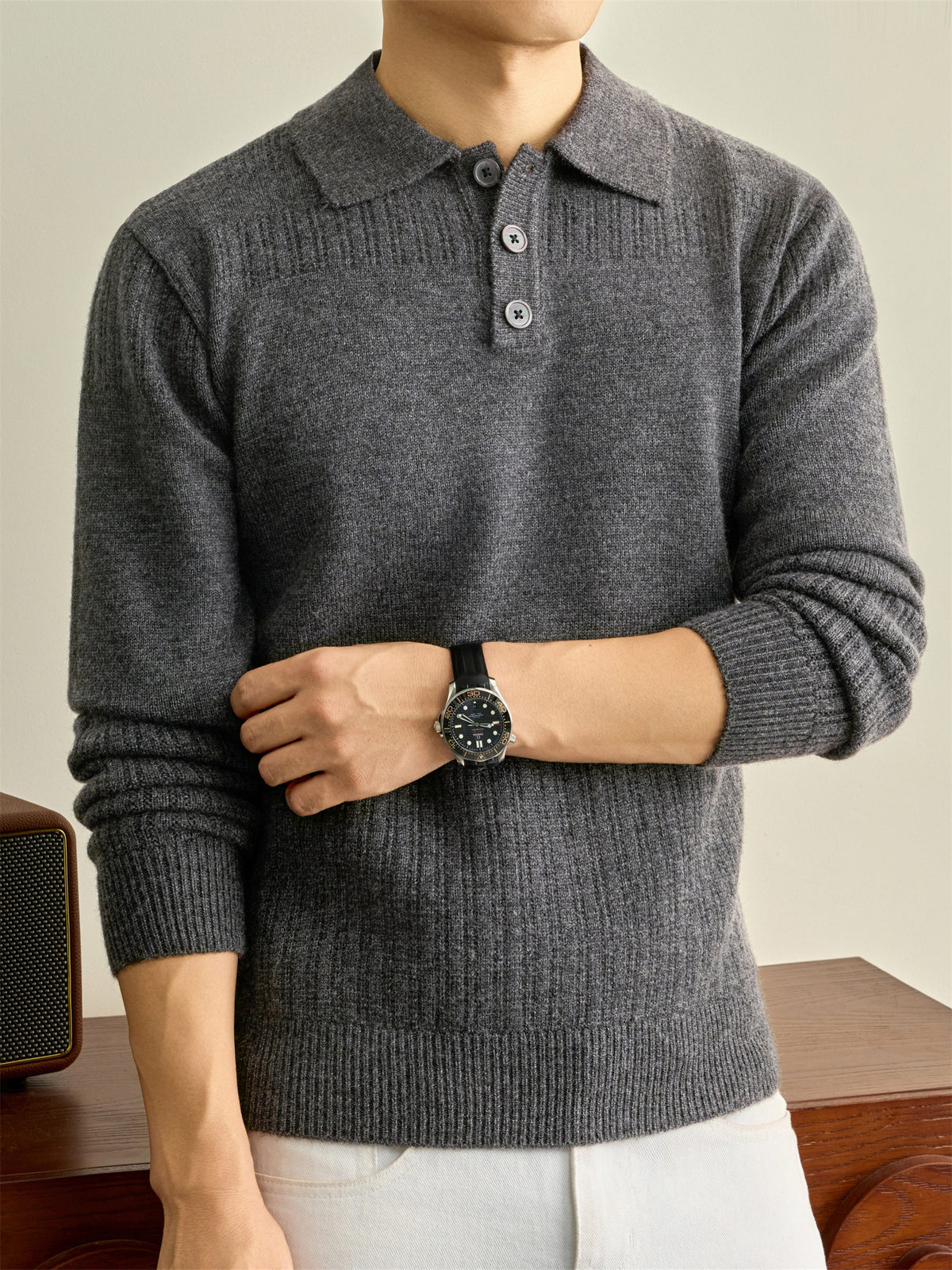 Autumn Winter Knit 3D Solid Color Lapel Polo Sweater, Basic Knit Pullover Top for Men, Fashionable Long Sleeve Sweater, Size S - Medium Gray