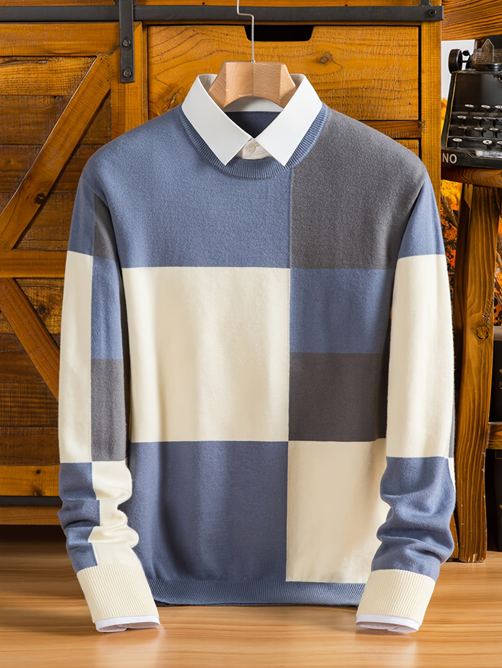Men's Color-Blocked Checkered 2-in-1 Look Crewneck Knit Sweater, Eliminating the Need for an Inner Shirt, Creating a Visually Layered Look with a Light Business Vibe - SINBOS - Blue