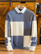 Men's Color-Blocked Checkered 2-in-1 Look Crewneck Knit Sweater, Eliminating the Need for an Inner Shirt, Creating a Visually Layered Look with a Light Business Vibe - SINBOS - Blue