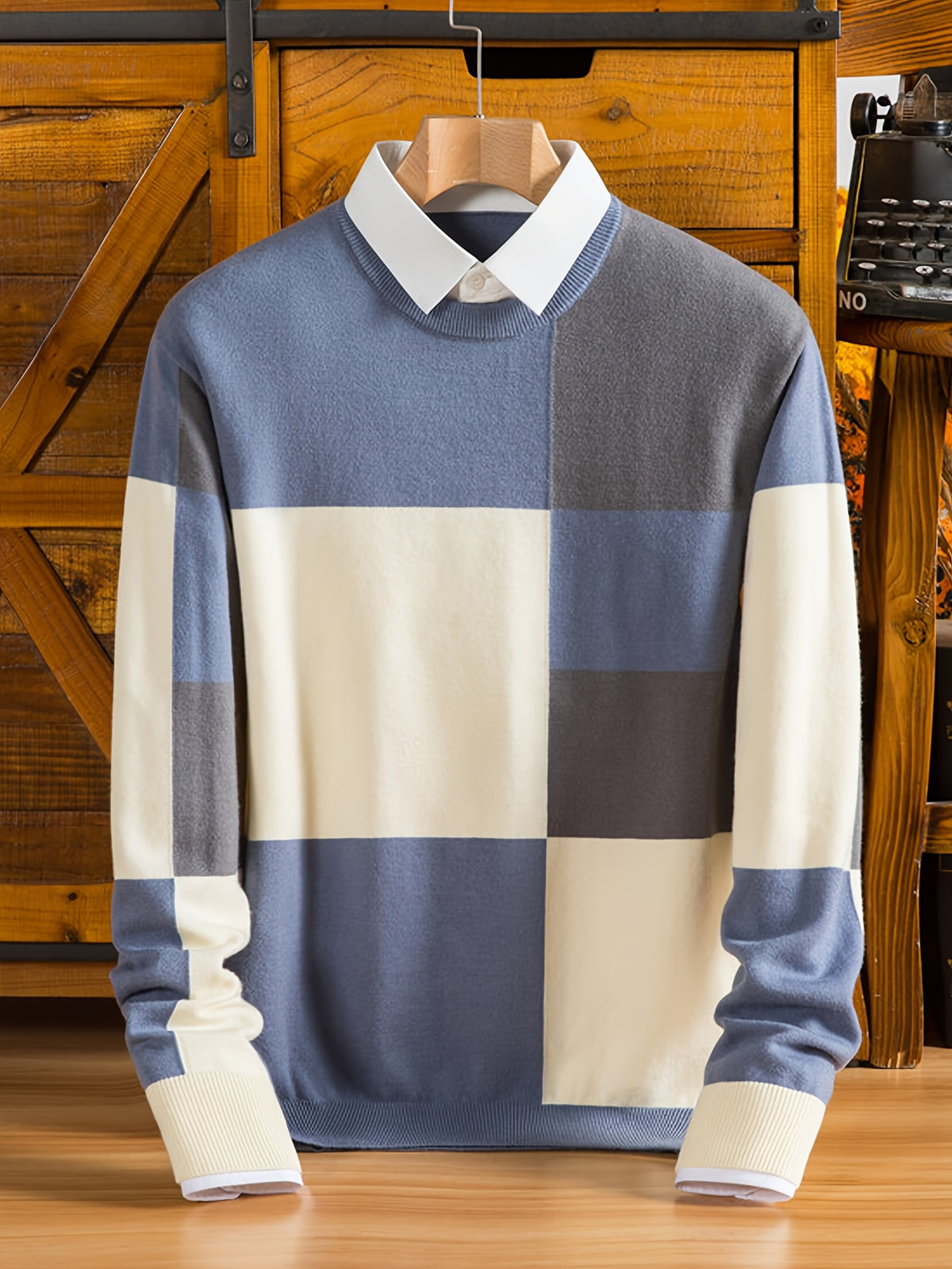Men's Color-Blocked Checkered 2-in-1 Look Crewneck Knit Sweater, Eliminating the Need for an Inner Shirt, Creating a Visually Layered Look with a Light Business Vibe - SINBOS - Blue