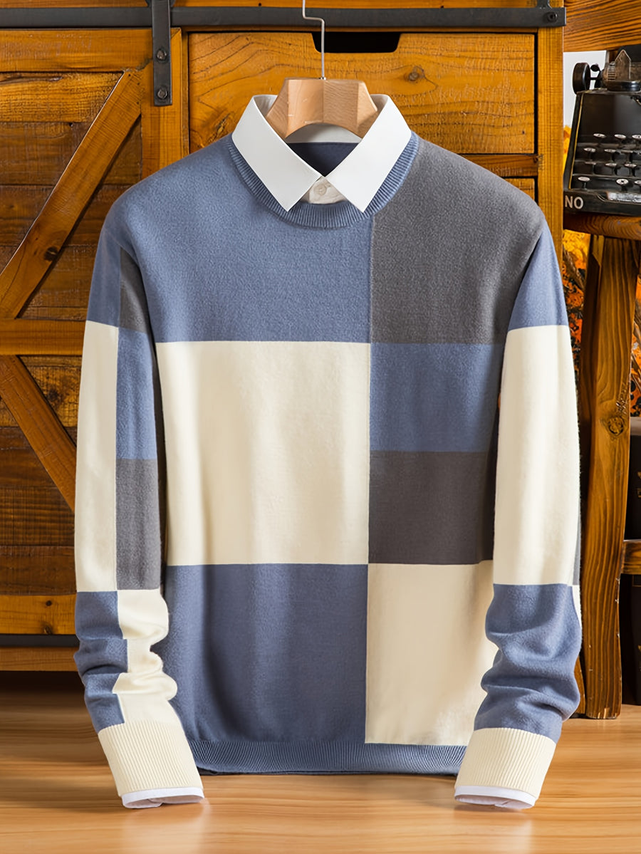 Men's Color-Blocked Checkered 2-in-1 Look Crewneck Knit Sweater, Eliminating the Need for an Inner Shirt, Creating a Visually Layered Look with a Light Business Vibe - SINBOS - Blue