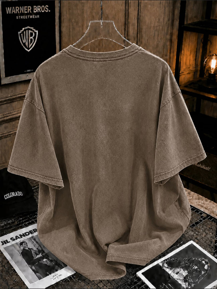Deathly Hallows Print, Dark Magic Logo Pattern, Using American Retro Distressed Washed Style T-Shirt for Men, Loose Fit Men'S Top, Trendy Design with Half Sleeves, Suitable for Daily Commuting, Parties, Holiday Dates, V-Neck - Coffee Color