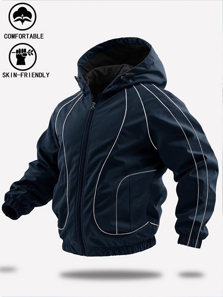 New Autumn/Winter Men's Trendy Hooded Casual Sport Jacket, Loose Fit Fashionable Versatile Jacket with Full-Body Drawstring Design, Outerwear Windbreaker JK5689 - Deep Blue