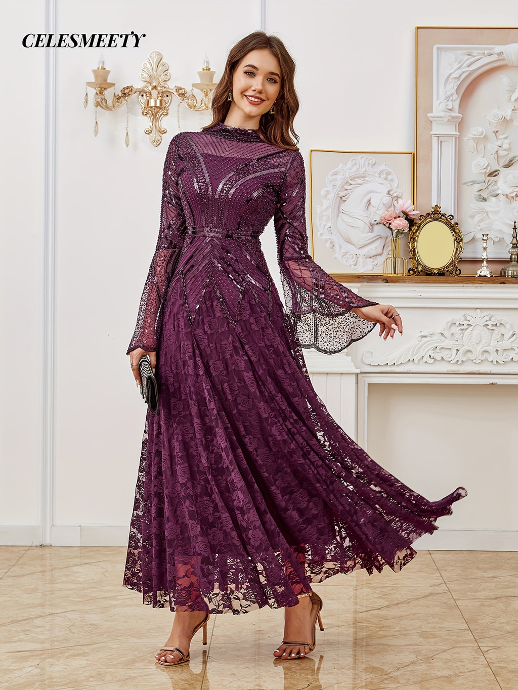Elegant and Stylish Purple Ball Gown with Sequins and Bead Embellishments, Long-sleeve Floor-length Evening Dress, Lace Maxi Dress, Formal Evening Guest Attire, Suitable for Halloween, Christmas, Parties, Weddings, Proms, Spring/summer, and All - Purple