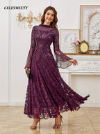 Elegant and Stylish Purple Ball Gown with Sequins and Bead Embellishments, Long-sleeve Floor-length Evening Dress, Lace Maxi Dress, Formal Evening Guest Attire, Suitable for Halloween, Christmas, Parties, Weddings, Proms, Spring/summer, and All - Purple