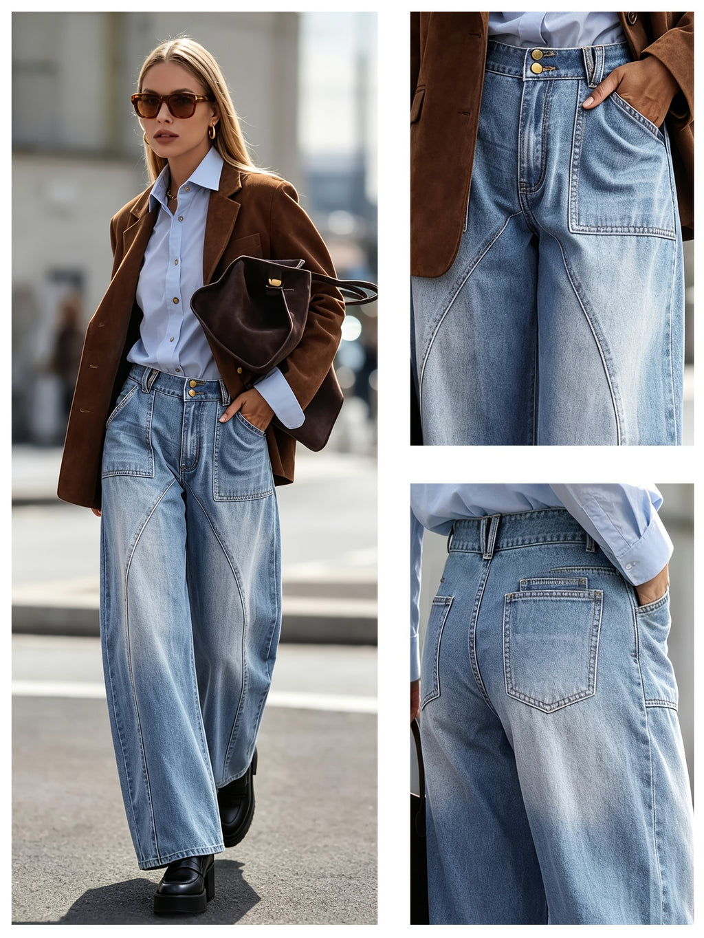 Women's High Waist Curved Seam Barrel Jeans Retro Washed Patch Pocket Wide Leg Denim Pants Casual Daily Outdoor Loose Baggy Workwear Trousers - Blue