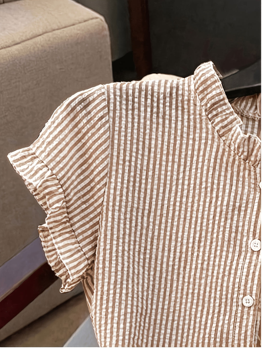 Women's Ruffle Collar Short Sleeve Single-Breasted Striped Shirt, Summer - Khaki