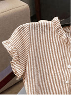 Women's Ruffle Collar Short Sleeve Single-Breasted Striped Shirt, Summer - Khaki