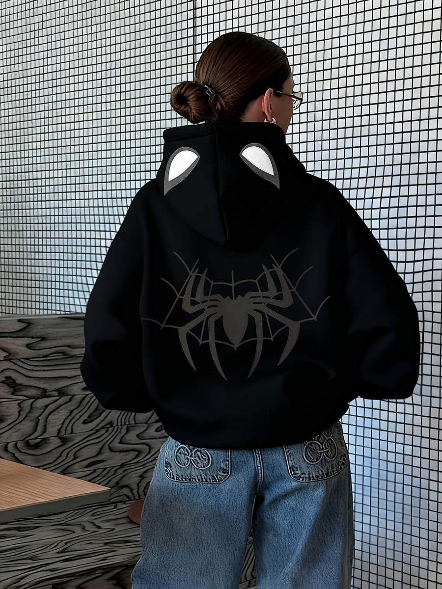 A Trendy Hooded Sweatshirt Featuring a Stylish and Versatile Spiderweb Print, Suitable for Autumn and Winter, Women's Clothing - Black