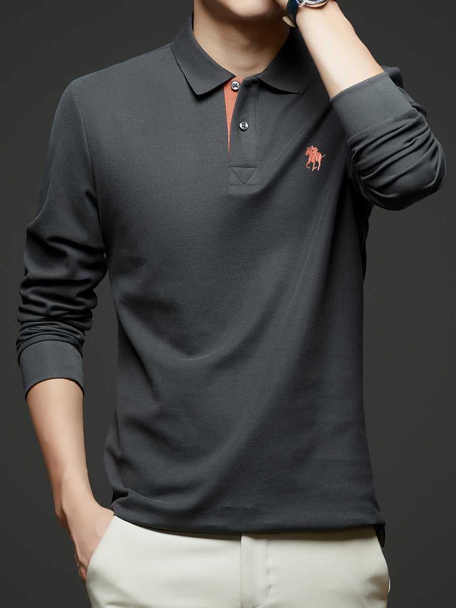 [Saa Xing OBM] 1pc Spring/Autumn New Men'S Polo Shirt, Solid Color Embroidered Half-Button Placket Single-Button Polo Collar Long Sleeve Men'S Fashion Versatile Pullover Base Layer Top, Classic Design, Suitable for Spring, Autumn, Wear - Deep Gray