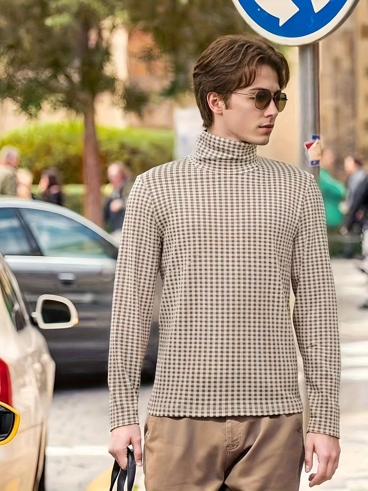 Nordic Vintage High-Neck Plaid Long-Sleeve T-Shirt for Men, Thickened for Autumn And, Soft And Warm, with a Luxurious Feel, Perfect As a Base Layer for Trendy Couples And Youth - Dark And Light Khaki Grid