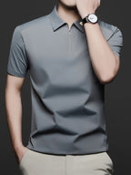 Men's Summer Lapel Polo Shirt, Fashionable and Versatile Light Luxury Zipper Top, Business Casual Breathable Short-Sleeve T-Shirt, Suitable for Daily Work Scenes - Dark Gray