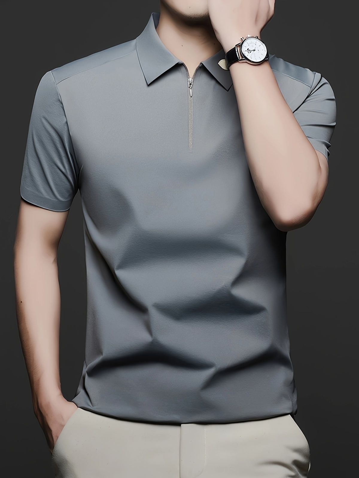 Men's Summer Lapel Polo Shirt, Fashionable and Versatile Light Luxury Zipper Top, Business Casual Breathable Short-Sleeve T-Shirt, Suitable for Daily Work Scenes - Dark Gray