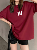Vintage Fashion Short Sleeve T-Shirt for Women, Summer Cartoon Print Short Sleeve T-Shirt, Pure Short Sleeve T-Shirt Top, Unique Design Niche Chic Loose Fit Top Base Layer #3333 - Burgundy