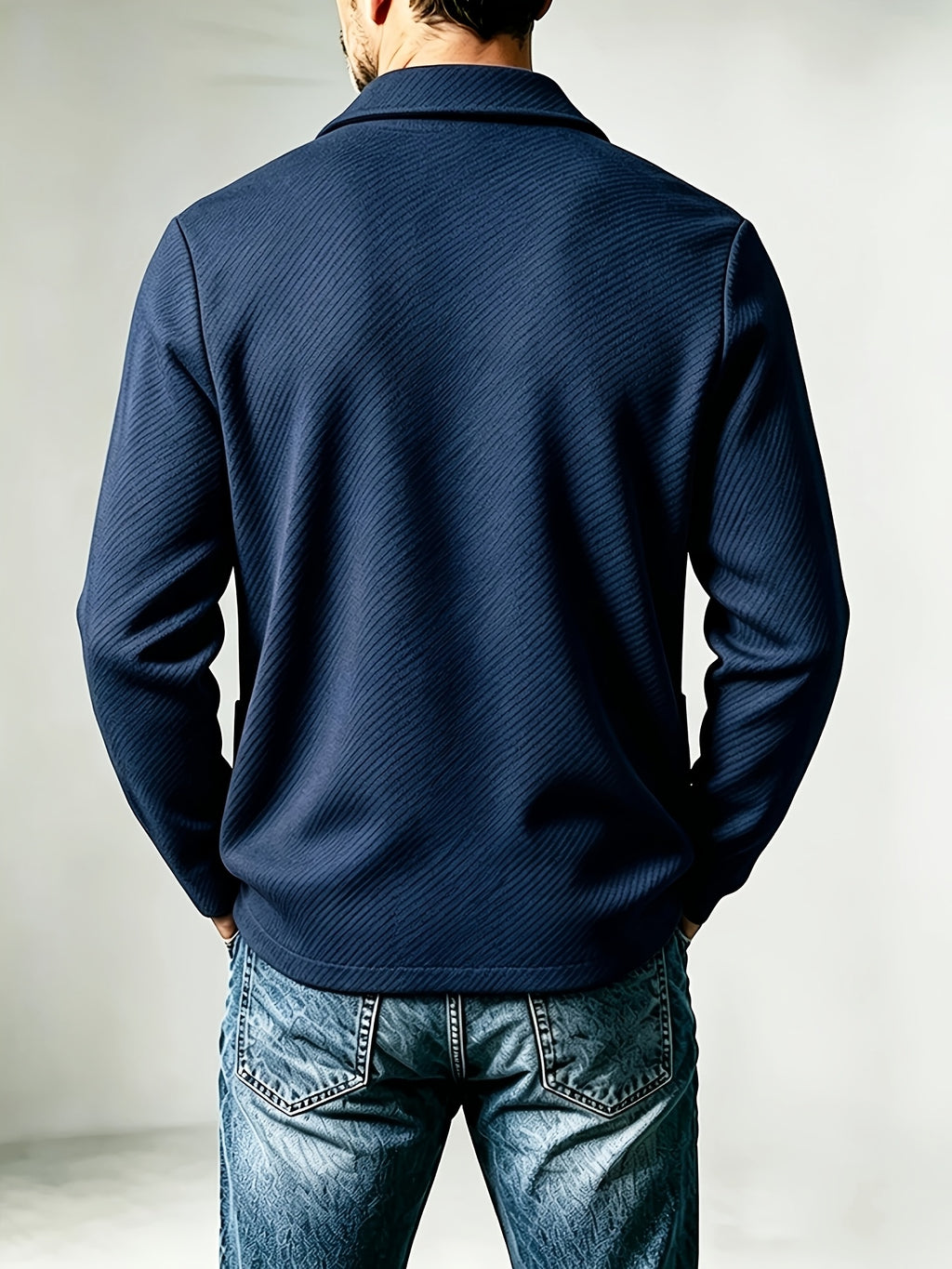 Men's New Spring, Autumn, and Winter Collection: Twill Textured Fabric Single-Breasted Notched Lapel Cardigan with Double Pockets, a Versatile Long-Sleeve Business Casual Outerwear. Soft, Comfortable, and Stylish Knitted Solid-Color Jacket - Navy Color