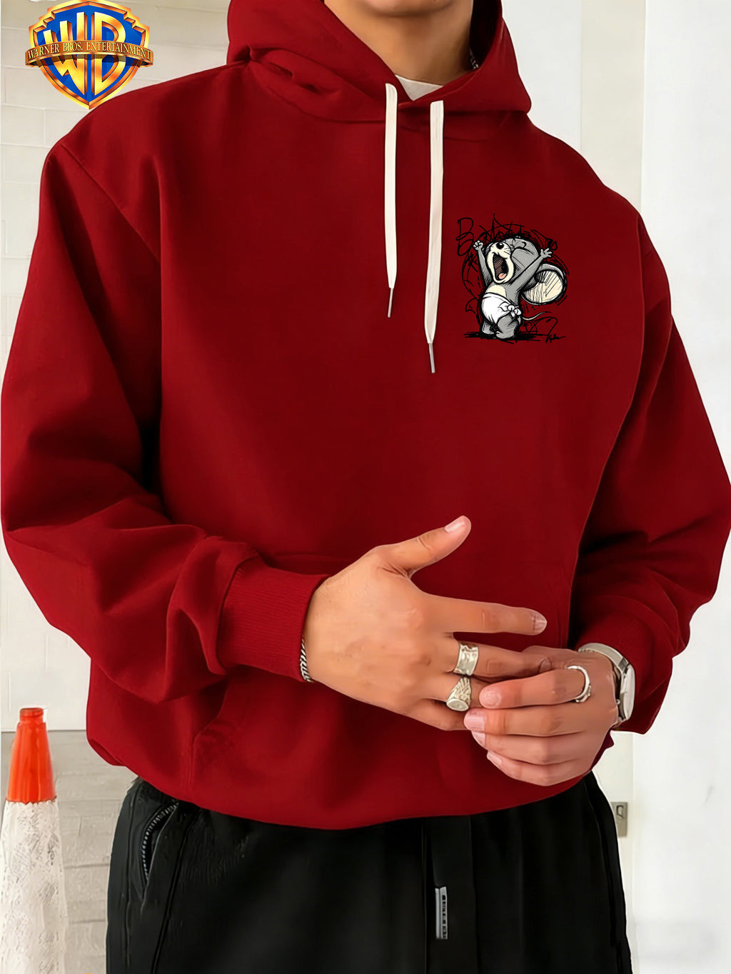 Licensed by Warner Bros., Sketch Style Cute Young Animals, Exuberant Cheering Expression with Casual Graffiti Art Letter Trendy Cool Print Men'S Fashion Hooded Sweatshirt, Sleeve Print Design, Kangaroo Pouch, Drawstring Hood - Red