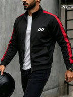 Easy Men'S Stand-Collar Sports Cardigan, Two-Tone Contrast Striped Stiff Jacket with Minimalist Chest Line Print, Suitable for Outdoor Camping Hiking Fitness Daily Commute Long-Sleeve Jacket - Black And Red