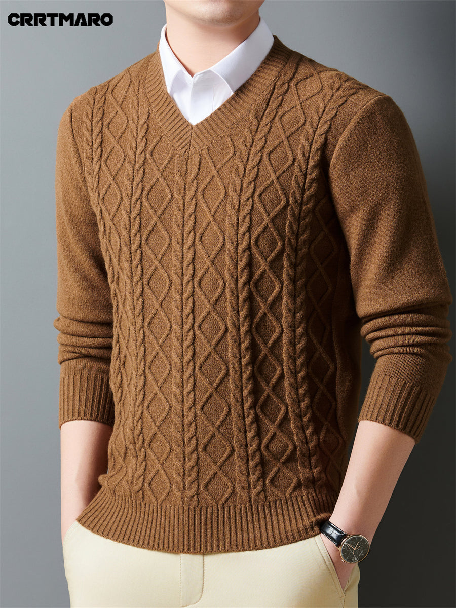 Cartama CRRTMARO Autumn/Winter Knitted 3D Solid Color V-Neck Sweater, Basic Thickened Pullover, Men's Fashion Knitwear Long Sleeve HH - Coffee Yellow