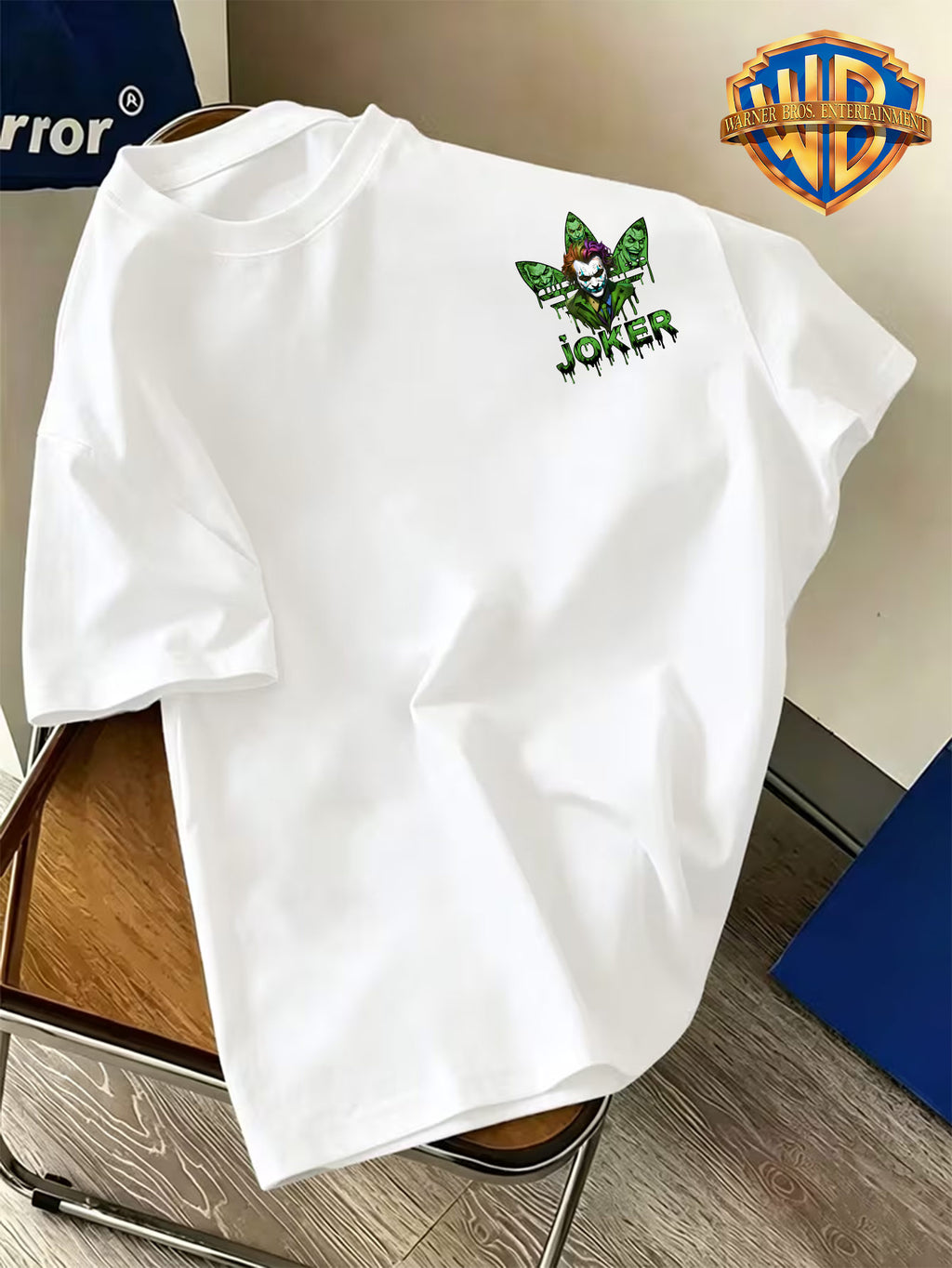 Warner Bros. Official Western Movie Character Trendy Green JOKER Clown Print T-Shirt, American Retro Casual Short Sleeve, Men'S Casual Comfortable Multi-Functional Loose Summer Short Sleeve T-Shirt, Suitable for Outdoor Wear, Gym - White