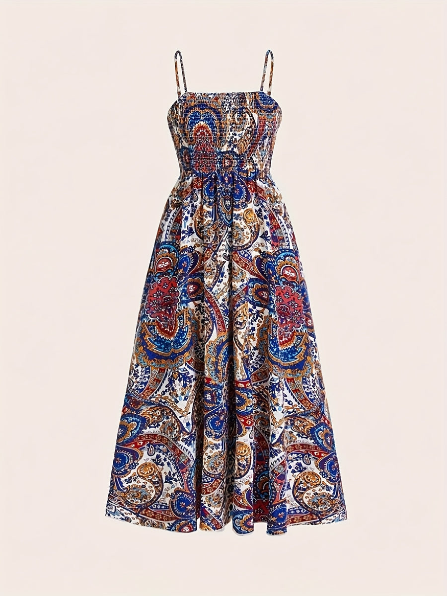 A Long Vacation Beach Dress for Women with a Paisley Print And Thin Straps, Perfect for Casual Outings - Multicolor