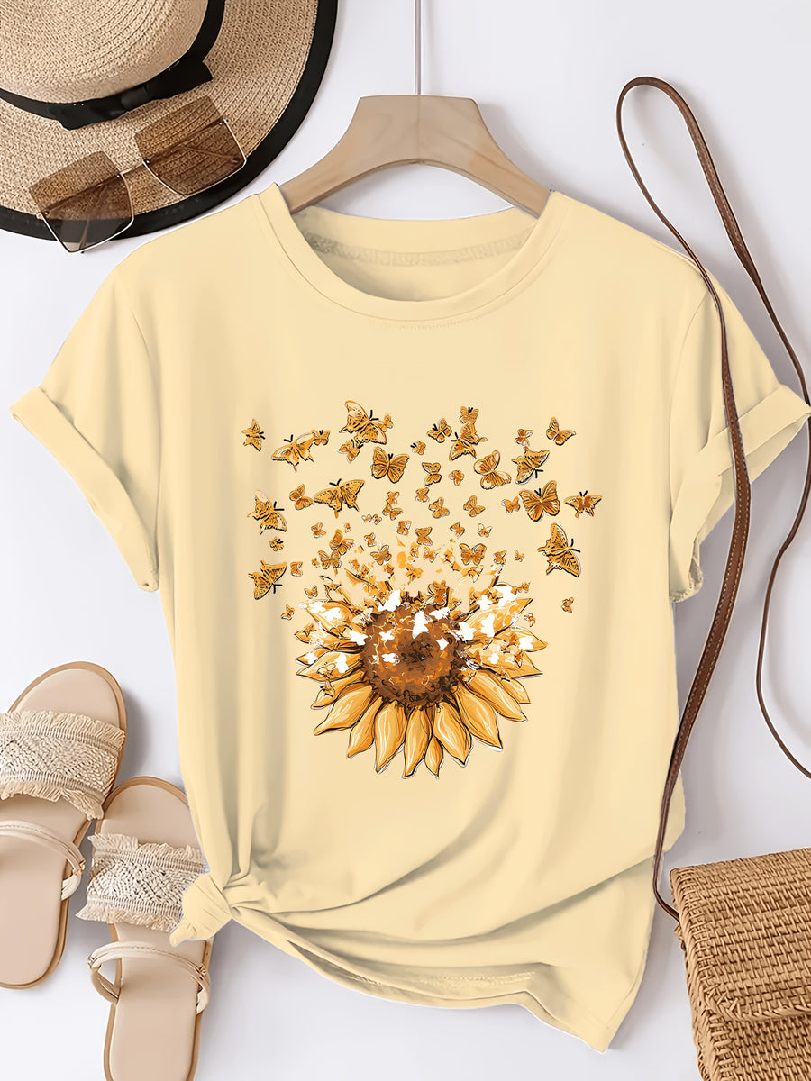 Sunflower Pattern Print - with Bow Design - Casual Round Neck, Short Sleeve, Spring/summer Fashion T-shirt - Apricot