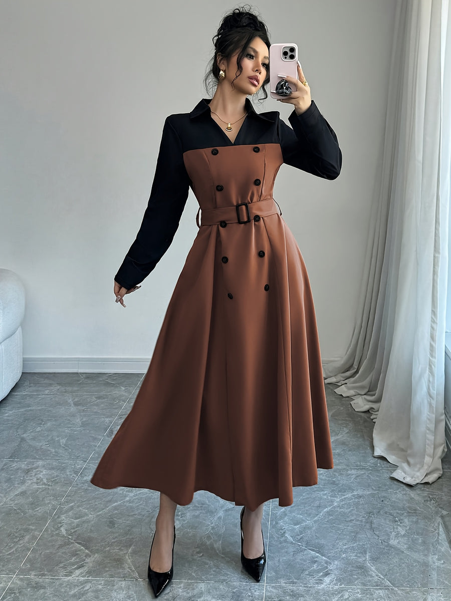 Fashionable Versatile Elegant Commute V-Neck Patchwork Contrast Solid Long Sleeve Waist-Cinching Belt Dress - Bean color