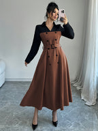 Fashionable Versatile Elegant Commute V-Neck Patchwork Contrast Solid Long Sleeve Waist-Cinching Belt Dress - Bean color