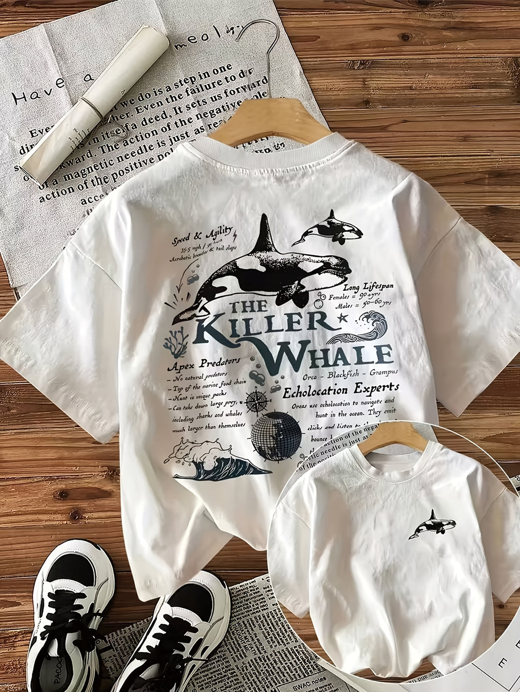 Hand-Drawn Style, Double-Sided Printed Short Sleeve Round Neck T-Shirt, Orca And Ocean Theme - White