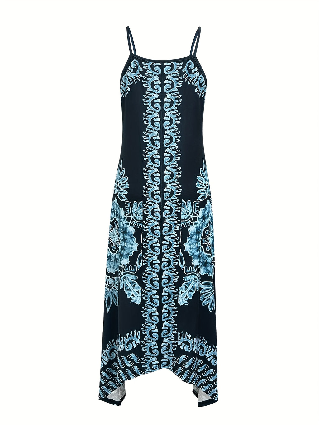Spring/Summer Women's Ethnic Print Vintage Casual Versatile Fashion Spaghetti Suspender Dress Elegant French-Style Daily Wear - Blue