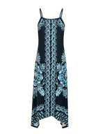 Spring/Summer Women's Ethnic Print Vintage Casual Versatile Fashion Spaghetti Suspender Dress Elegant French-Style Daily Wear - Blue