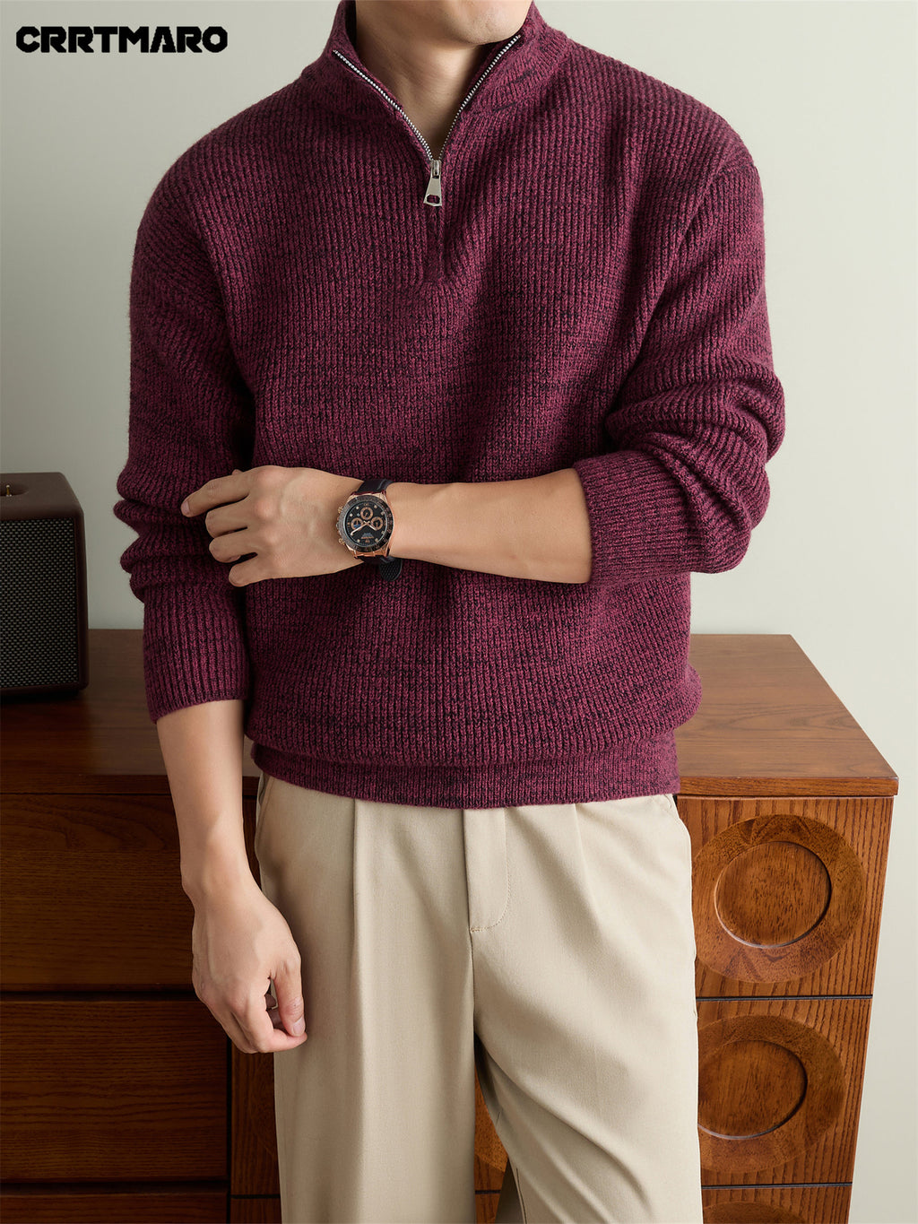 Men'S Heavyweight Thick Zip Neck Stand Collar Mock Neck Pullover Sweater, Warm Casual Layering Top for Fall And Winter - Red-Black