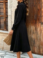 Women'S Elegant Solid Color Long Sleeve Dress, Fashionable Button-Detail Waist-Cinching Mid-Length Dress - Black