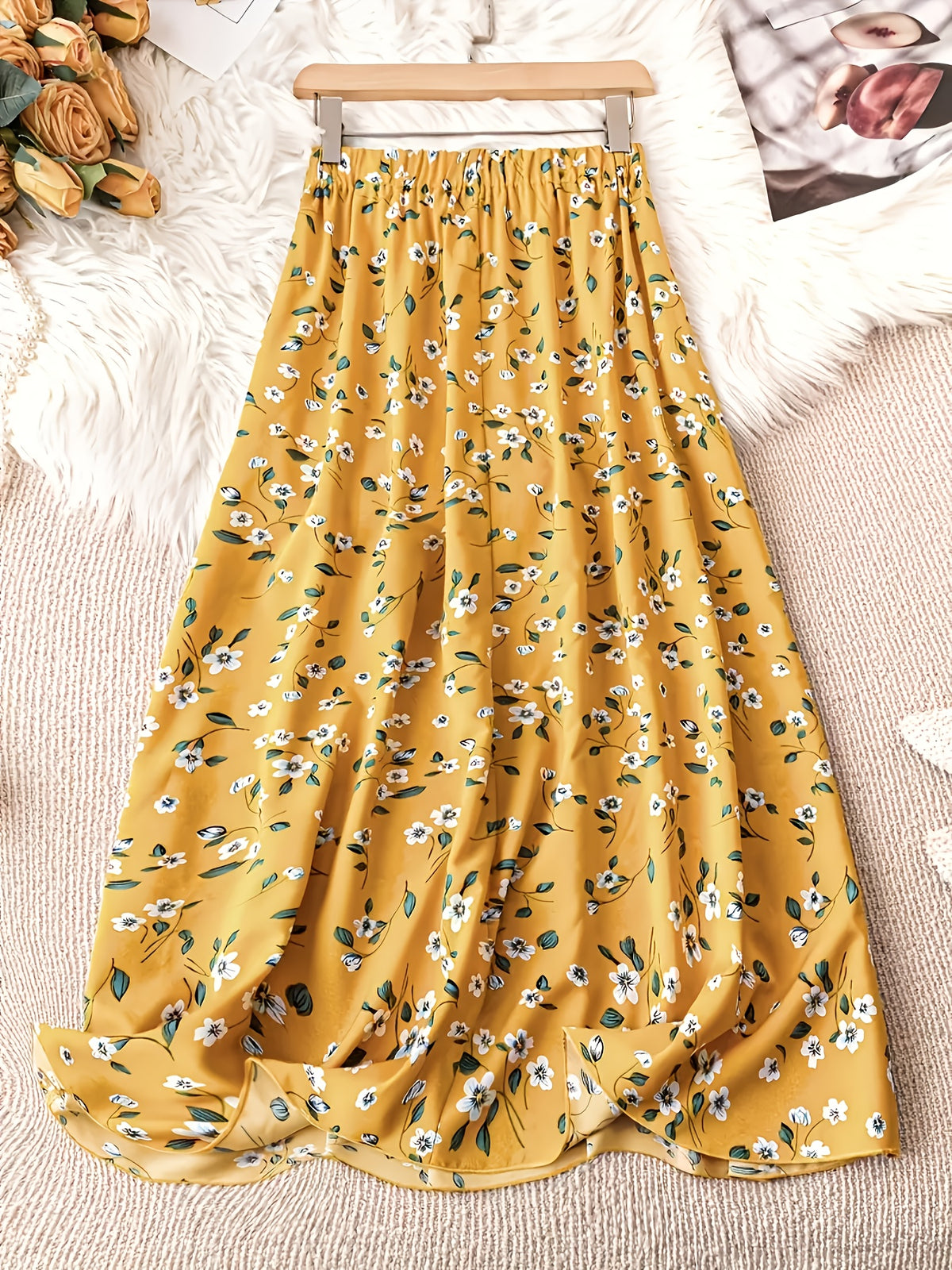 1pc Women'S Floral Print Elastic High-Waist A-Line Skirt - orange yellow