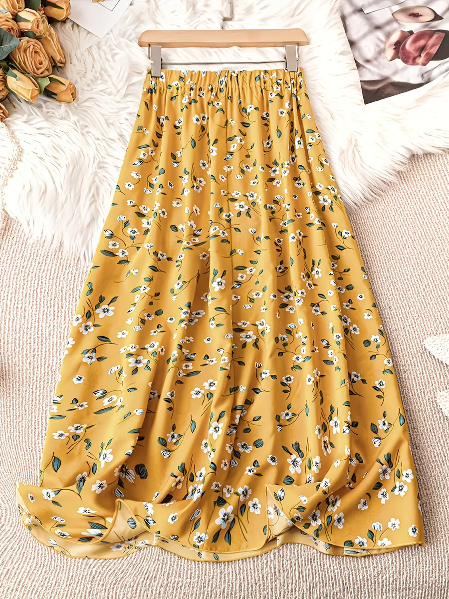 1pc Women'S Floral Print Elastic High-Waist A-Line Skirt - orange yellow