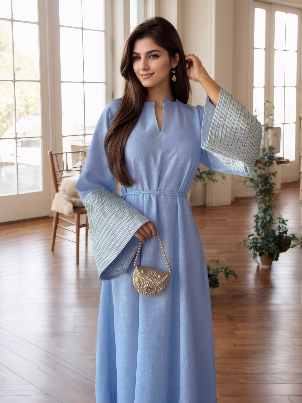 Muslim Women'S Solid Color Fashion Abaya Jilbab Dress, Long Sleeve, V Neck, with Belt, for Ramadan - Light Blue