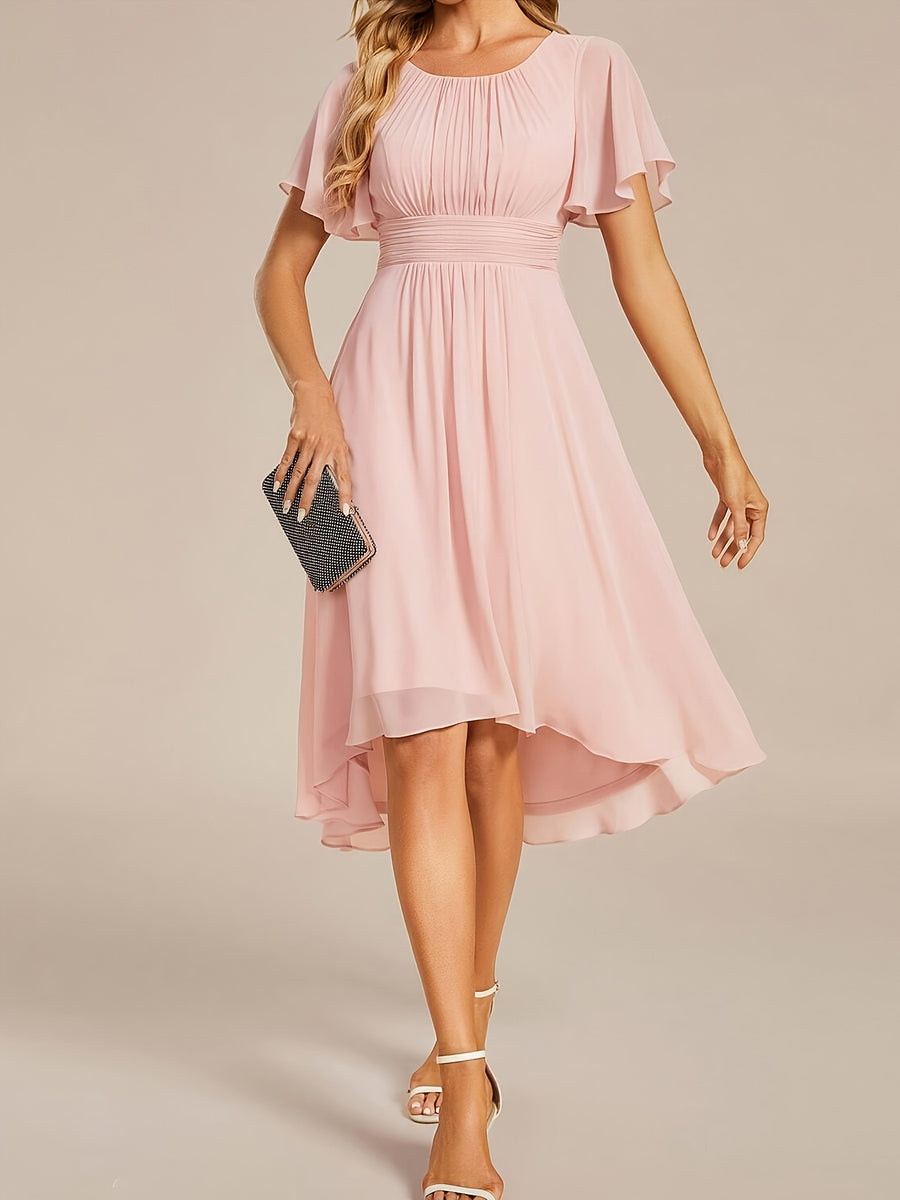Elegant Pleated Sleeve Formal Bridesmaid Dress Formal Wedding Guest Dress - Pink
