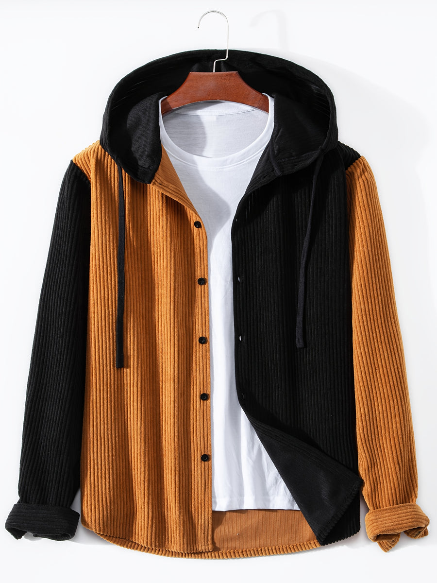 Men's Solid Color Patchwork Spring-Autumn Fashion Long-Sleeved Hooded Shirt Sweater Coat - Chocolate