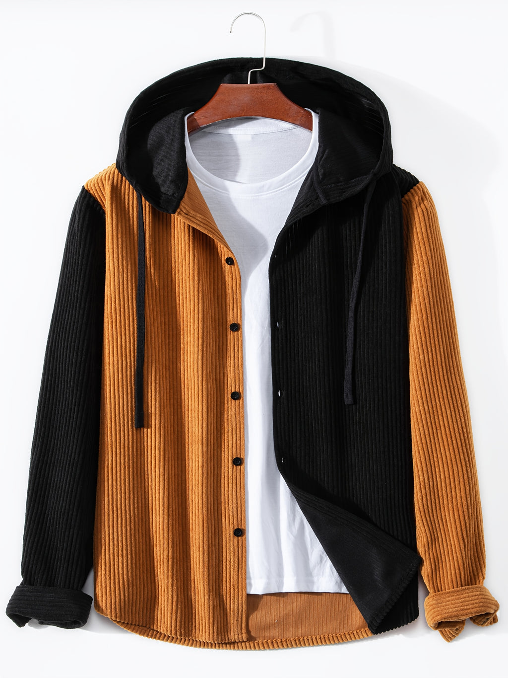 Men's Solid Color Patchwork Spring-Autumn Fashion Long-Sleeved Hooded Shirt Sweater Coat - Chocolate